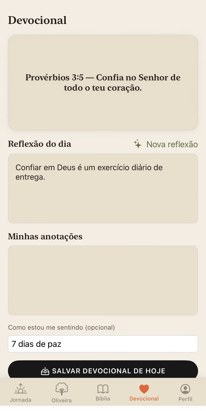 Tela Devocional do GloryUp mostrando o versículo Provérbios 3:5, uma reflexão do dia e campo de anotações pessoais.