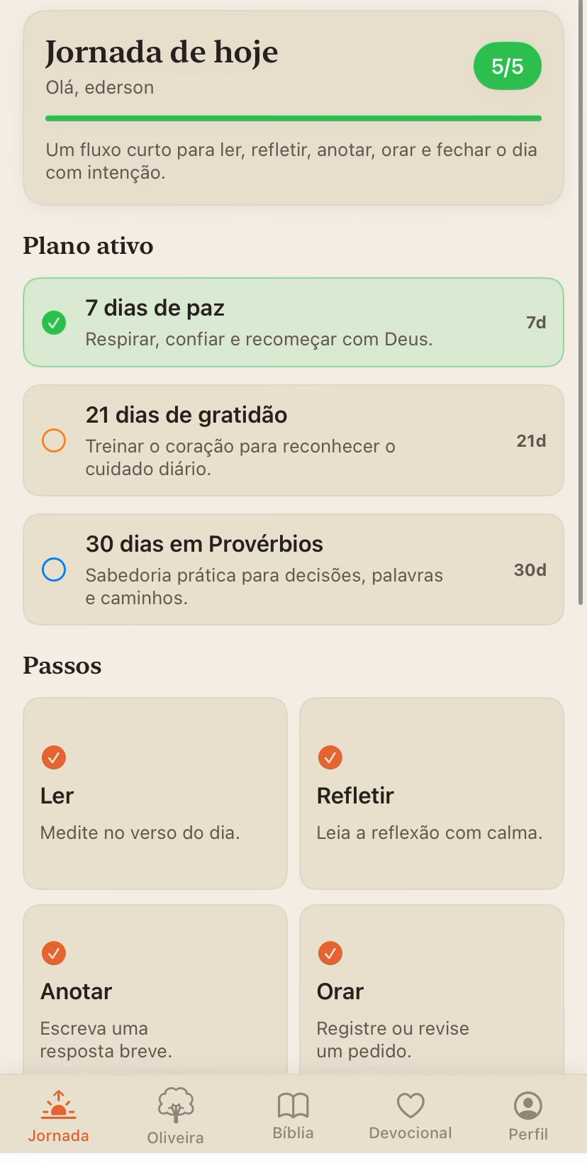 Tela Jornada de hoje do app GloryUp, mostrando 5 de 5 passos concluídos, o plano ativo '7 dias de paz' e os passos ler, refletir, anotar e orar.