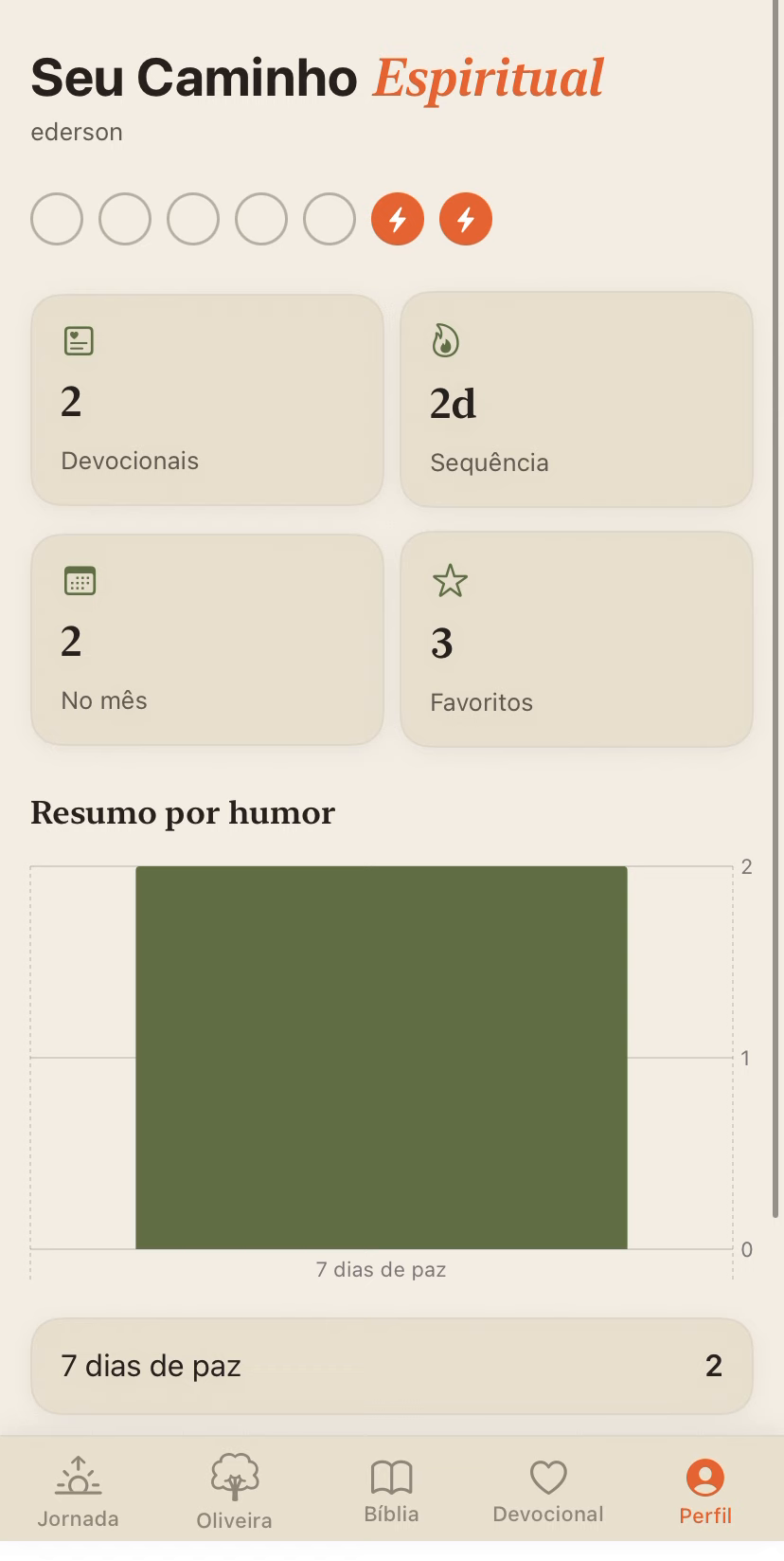 Tela Perfil do GloryUp com o título 'Seu Caminho Espiritual', métricas de devocionais, sequência, favoritos e gráfico de resumo por humor.